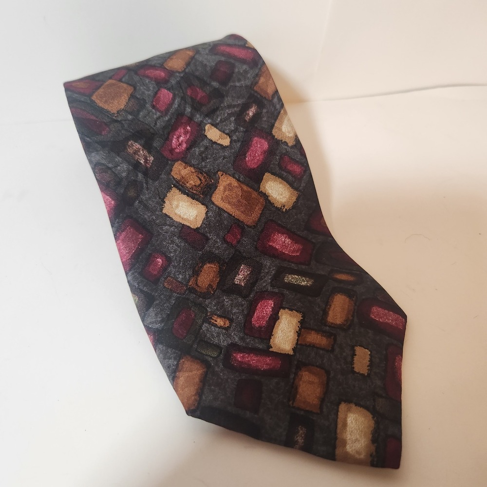 Charter Collection Mens‎ Silk Tie Burgundy Gold Grey Abstract Geometric Mosaic